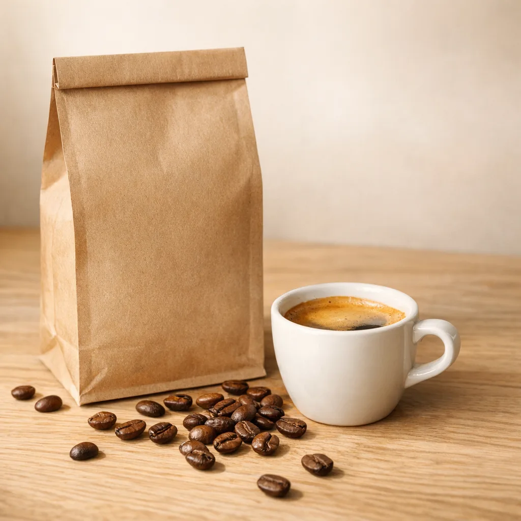 Bodegón editorial de una bolsa de café de especialidad, una taza de espresso y granos de café tostado