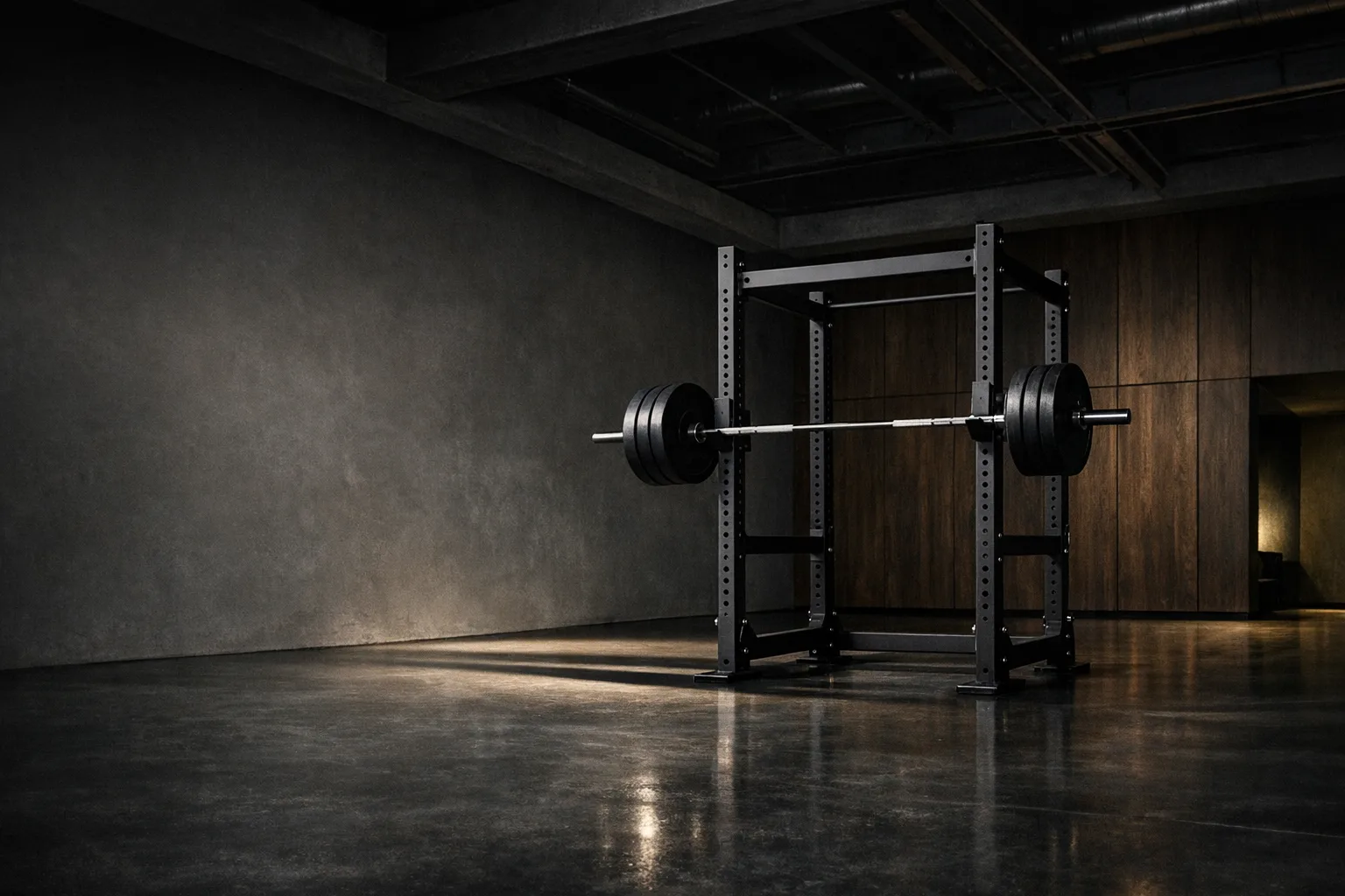 Rack de acero con barra olímpica cargada en un espacio de entrenamiento premium de hormigón y madera oscura