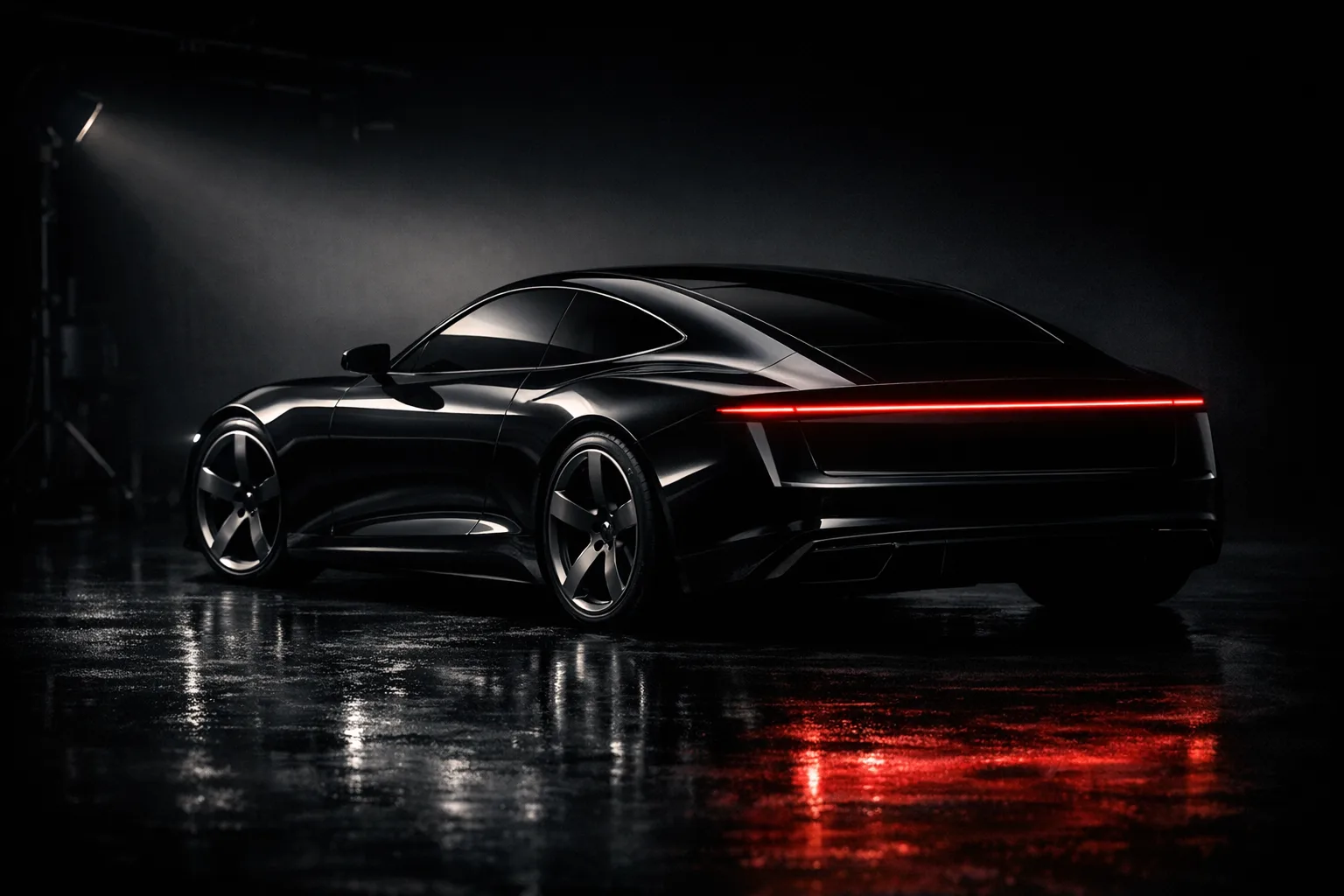 Automóvil deportivo genérico en un estudio oscuro de detailing con iluminación cinematográfica lateral