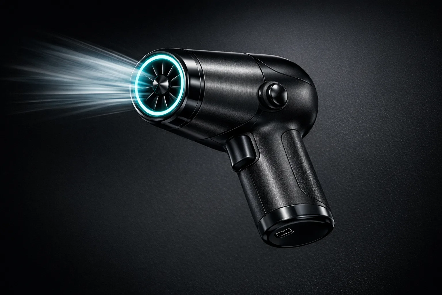 Fotografía de producto de un mini ventilador turbo portátil negro con anillo de luz cian en la turbina
