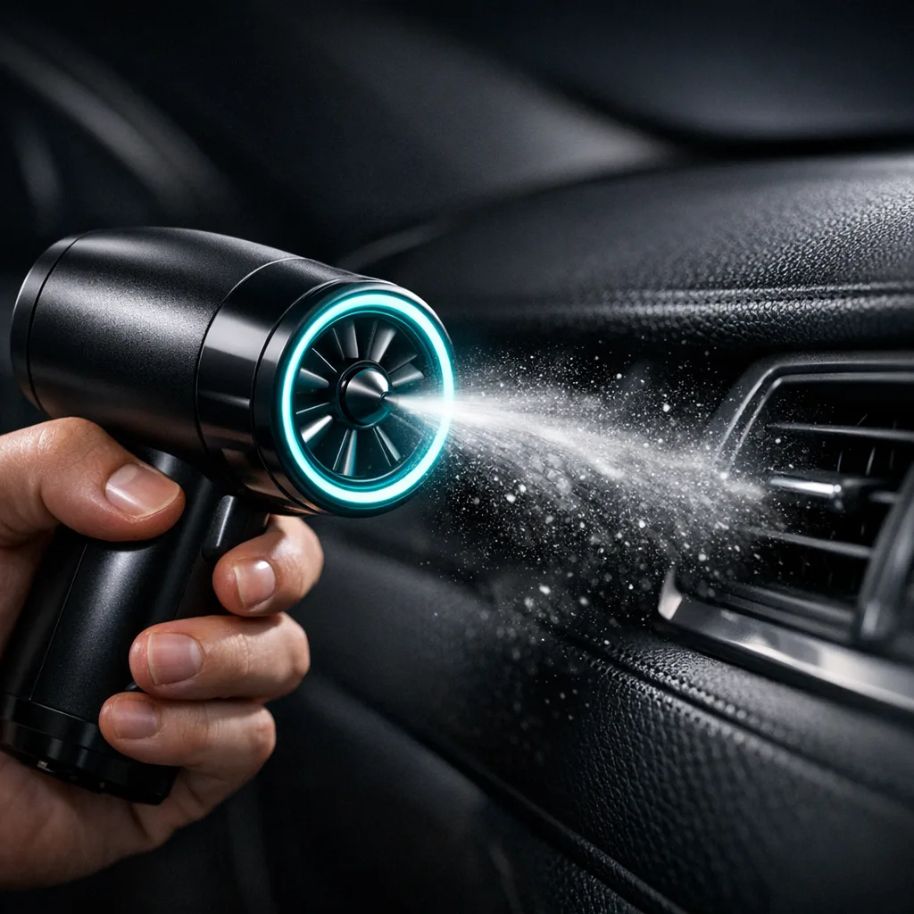 Mano sujetando el mini ventilador turbo portátil mientras limpia el salpicadero de un coche